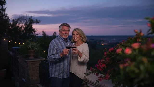 Senior couple toasting red wine on flower-lined terrace at twilight overlooking city view