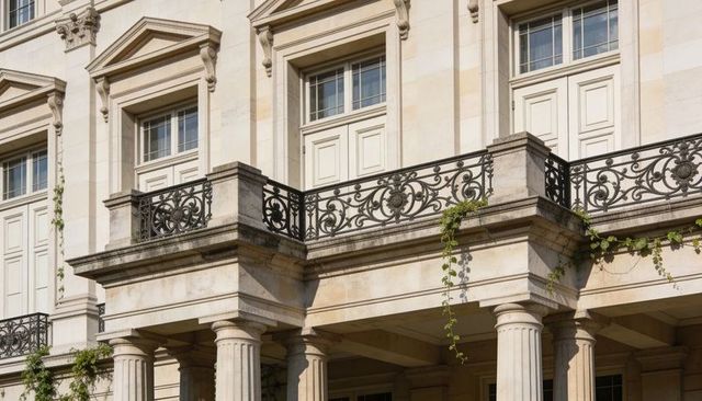 Neoclassical balcony with fluted columns and ornate wrought-iron railing on urban facade