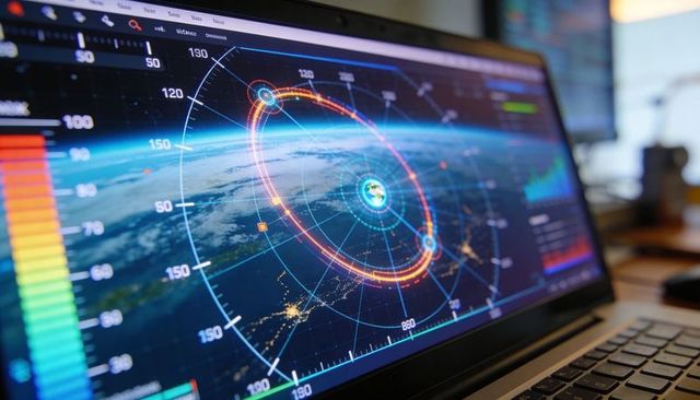Displaying laptop running orbital earth hud with data visualization and radar ui