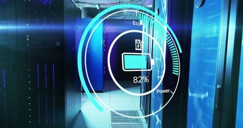 Futuristic Digital Battery Interface in High-Tech Data Center