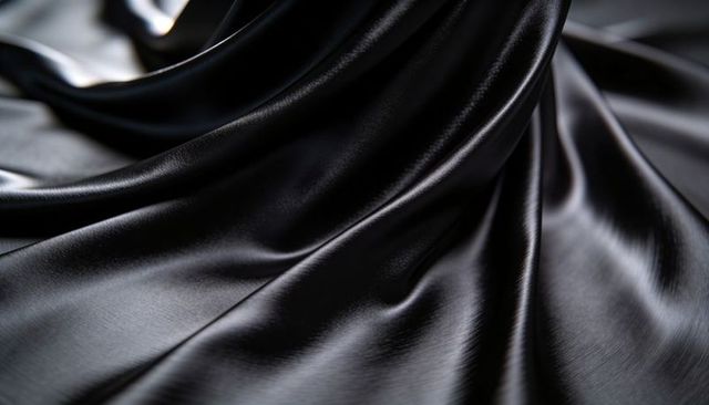 Black satin fabric draping displaying glossy folds and silky sheen for luxury background