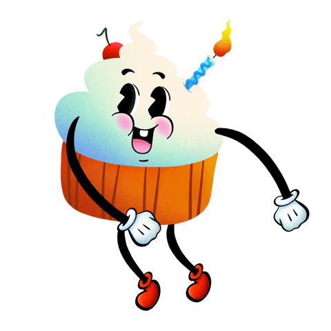 Retro cupcake character celebrating with joy on transparent background