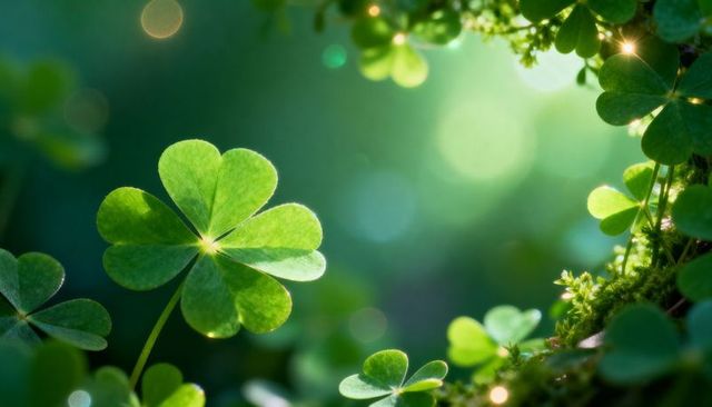 Sunlit glowing four-leaf clover over moss with dew, bokeh orbs and forest macro