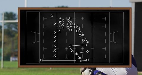 Football chalkboard play diagram with xs and os and helmeted player watching