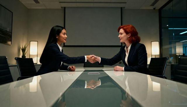 Female executives shaking hands across glossy conference table with tablet reflection