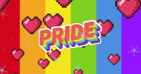 Colorful Pride Background with Pixel Hearts and Snowflakes
