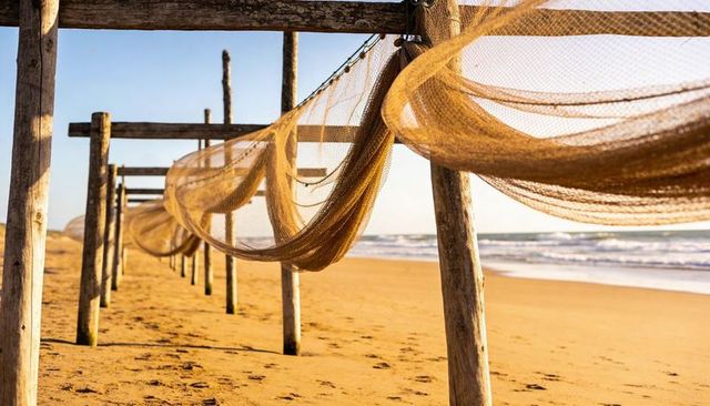 Drying fishing nets billowing on sunny sandy beach between weathered wooden racks