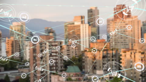 Digital Network Interface Overlaying Urban Skyline