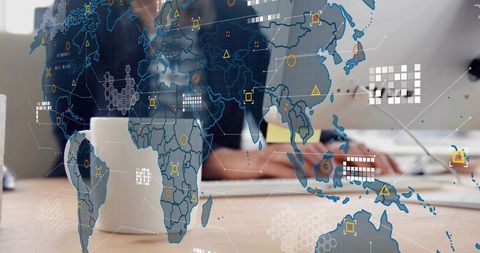 Global data collaboration concept with professional woman typing at desk and digital map overlay