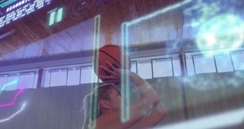 Female basketball player preparing shot with neon ar hud overlays in indoor court
