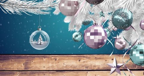 Festive Christmas Decor with Ornaments on Blue Background