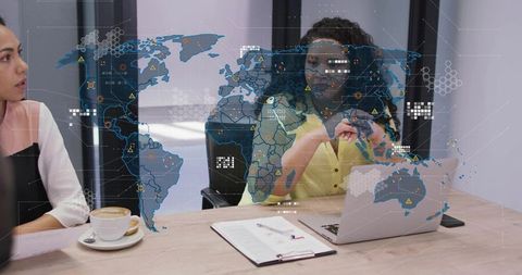 Businesswoman presenting geospatial analytics with augmented global map overlay and laptop