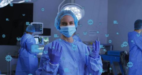 Lead surgeon preparing for surgery in sterile operating room with digital network overlay