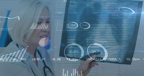 Female Doctor Analyzing X-Ray with Data Overlay