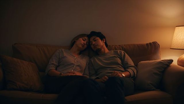 Intimate couple leaning on sofa at night sharing quiet cozy moment by warm lamp light