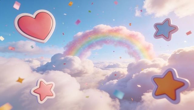 Floating pastel rainbow arch over dreamy cloudscape with heart and star stickers, confetti
