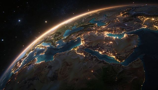 Glowing earth at night over mediterranean revealing city lights, nile delta and coastlines