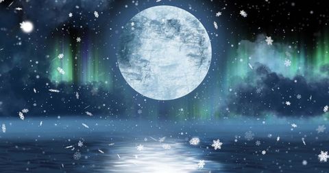 Full Moon Night with Snowfall and Aurora Borealis in Winter Wonderland - Download Free Stock Images Pikwizard.com