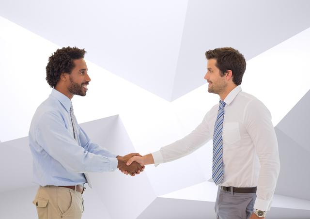 Two businessmen shaking hands in a modern office environment, symbolizing successful partnership, collaboration, and professional agreement. Ideal for use in business presentations, corporate websites, and marketing materials to convey themes of teamwork, success, and professional relationships.