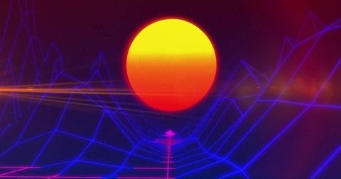 Vibrant Neon Sun Over Synthwave Landscape with Grid Lines