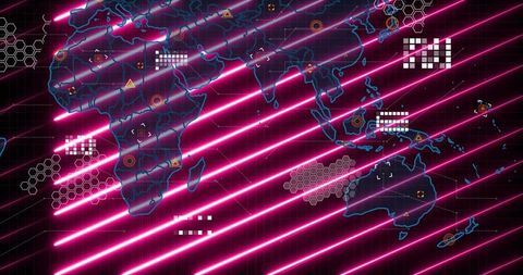 Neon Magenta Cyber World Map With Diagonal Light Bands, Futuristic Data HUD Interface