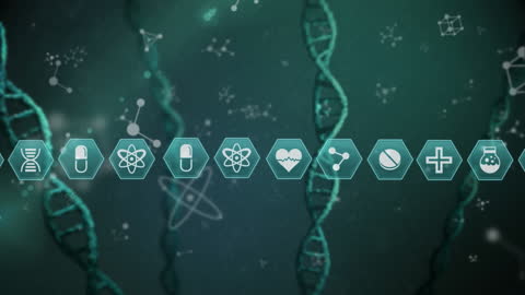 Medical Icons Rolling over DNA Strands for Science and Innovation