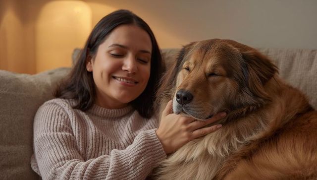 Woman Cuddling Large Golden-Brown Dog on Cozy Sofa, Smiling and Relaxing