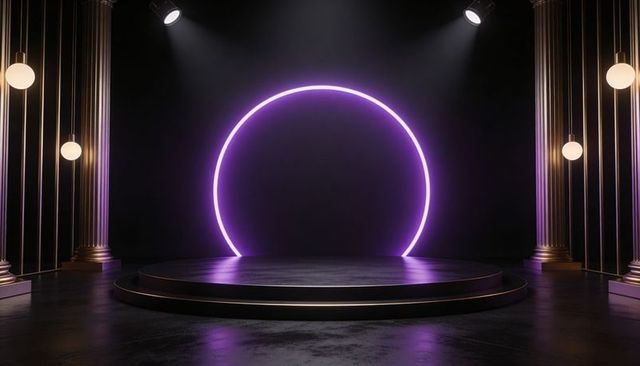Glowing purple neon halo framing two-tier platform for luxury product showcase