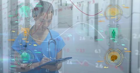 Medical Professional Analyzing Data with Virtual Interface and Charts