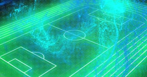 Futuristic Neon Soccer Pitch with Digital Particle Streams and Cyber Grid for Sports Tech