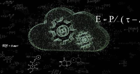 Green Particle Cloud Forming Gear System with Scientific Formulas and Molecular Diagrams