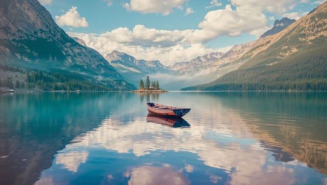 Rowboat Drifting on Pristine Alpine Lake in Tranquil Wilderness