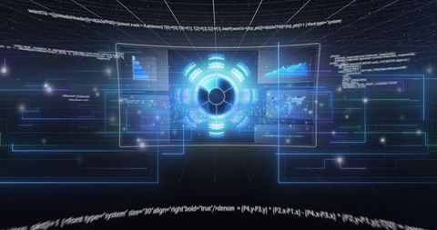 Holographic data hub projecting neon analytics dashboard with futuristic hud interface