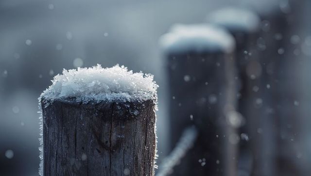 Frosted wooden post on pier with snowy crystals and falling snowflakes winter closeup