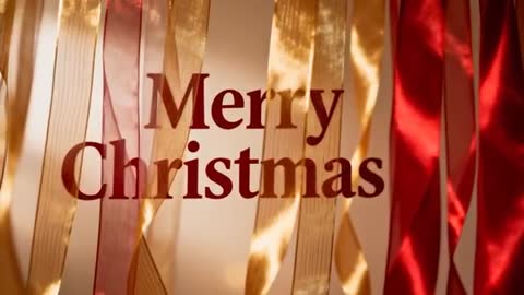 Merry Christmas maroon typography over swaying gold and red ribbons with warm backlight