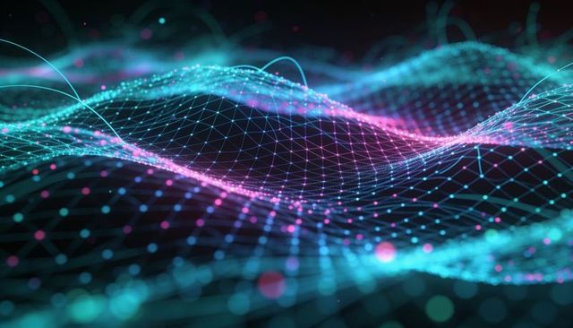 Flowing neon wireframe wave landscape with glowing nodes, particle trails and digital bokeh