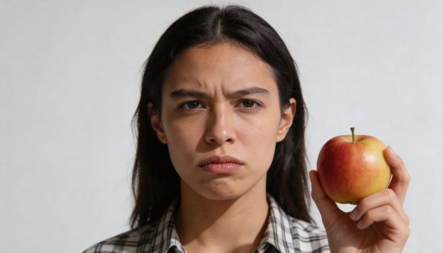 Young woman holding red yellow apple furrowing brows, skeptical healthy eating headshot