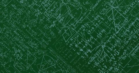Complex Green Chalkboard with Math Formulas and Geometric Shapes
