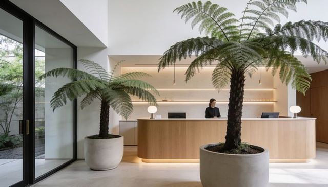 Standing receptionist welcoming guests at minimalist modern lobby with giant indoor ferns