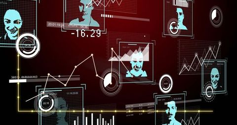 Futuristic digital interface with biometrics and data visualization