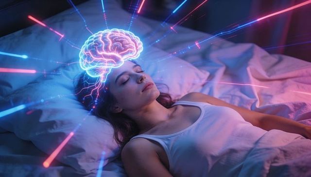 Young woman sleeping with neon holographic brain projection, dreaming neural activity