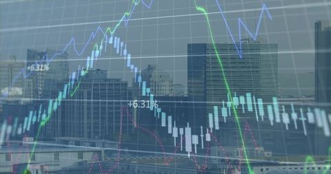 Urban skyline overlaying candlestick charts and line graphs indicating +6.31% market gain