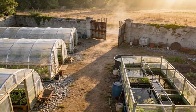 Sunlit polytunnel nursery on rural farmyard at golden hour with propagation beds, open gate
