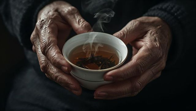 Elderly hands cradling steaming porcelain tea cup close-up conveying warmth and tradition