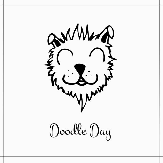 Simple black-and-white illustration of a happy dog with text 'Doodle Day'. Suitable for use in promoting arts and crafts events, children's activities, or pet-related content. Can be used in marketing materials, invitations, social media posts, and educational content.