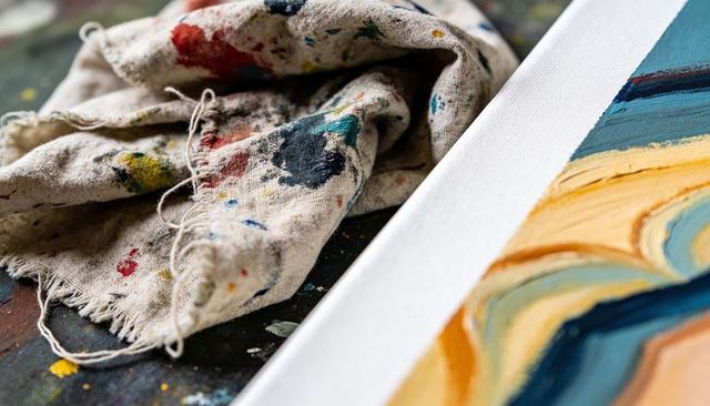 Paint-stained rag on splattered worktable with stretched canvas edge and abstract brushwork