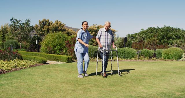 Nurse Helping Elderly Man with Walker on Sunny Day in Garden - Download Free Stock Images Pikwizard.com