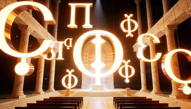 Glowing golden glyphs floating in monumental marble temple with backlit arched portal