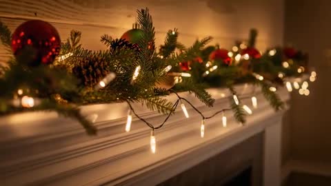 Cinematic focus pull on glowing Christmas mantel garland with warm lights and red baubles