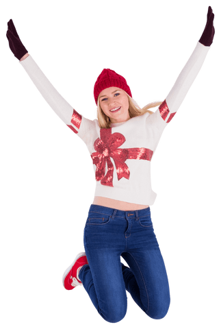 Festive Woman Celebrating in Transparent Background with Christmas Jumper